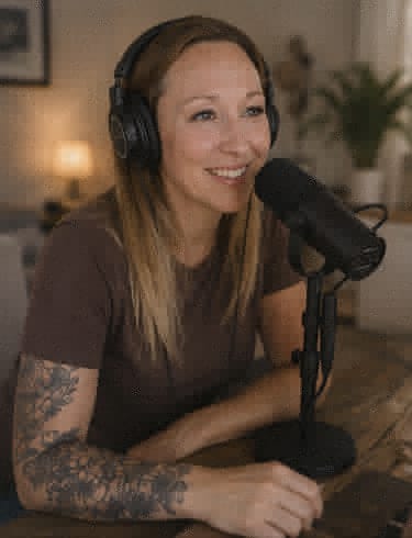 Angie mit Kopfh&ouml;rern am Mikrofon bei einer Podcast-Aufnahme
