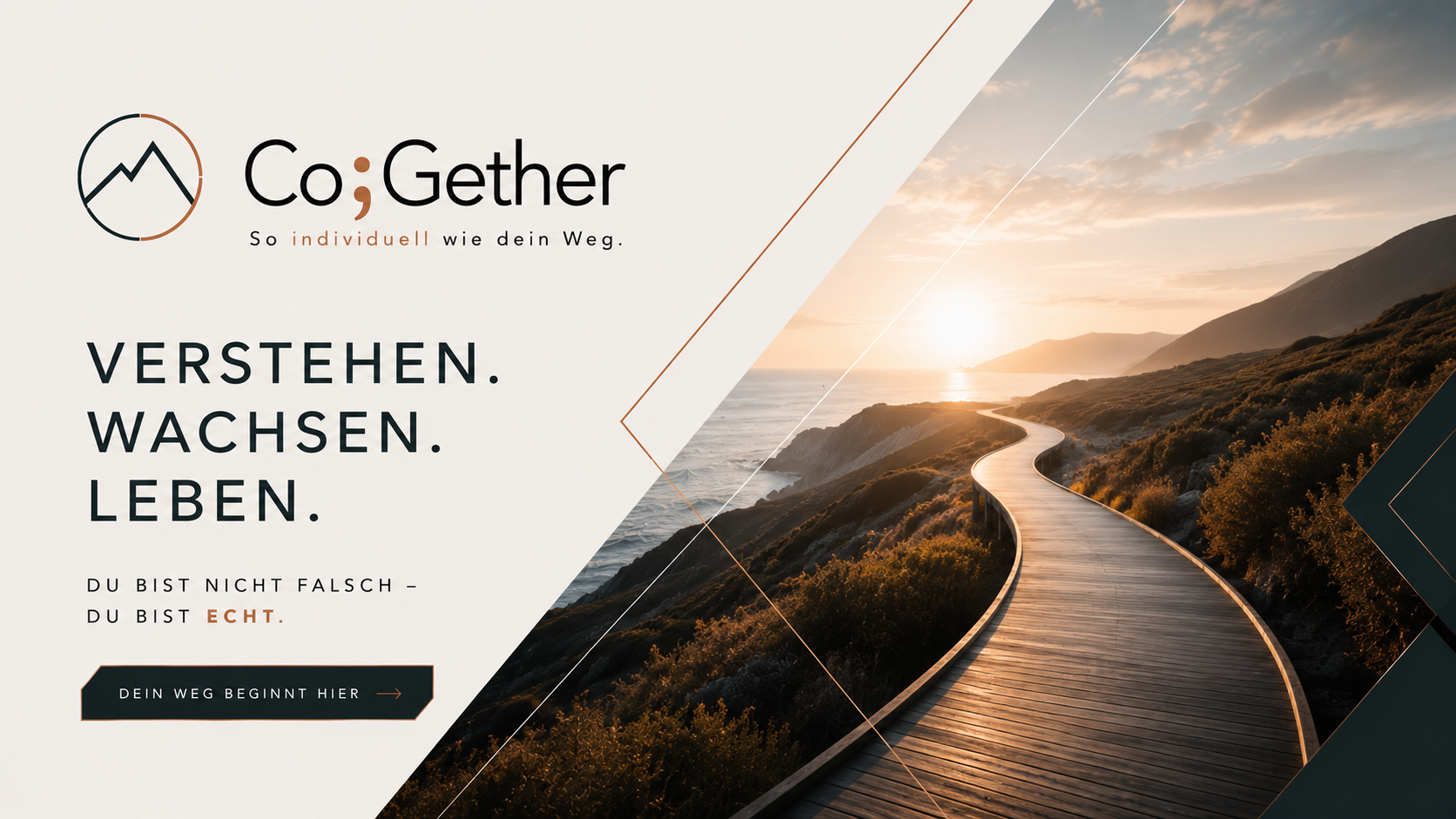 CoGether &ndash; ein Weg entlang der Küste bei Sonnenuntergang, Sinnbild für den eigenen Prozess